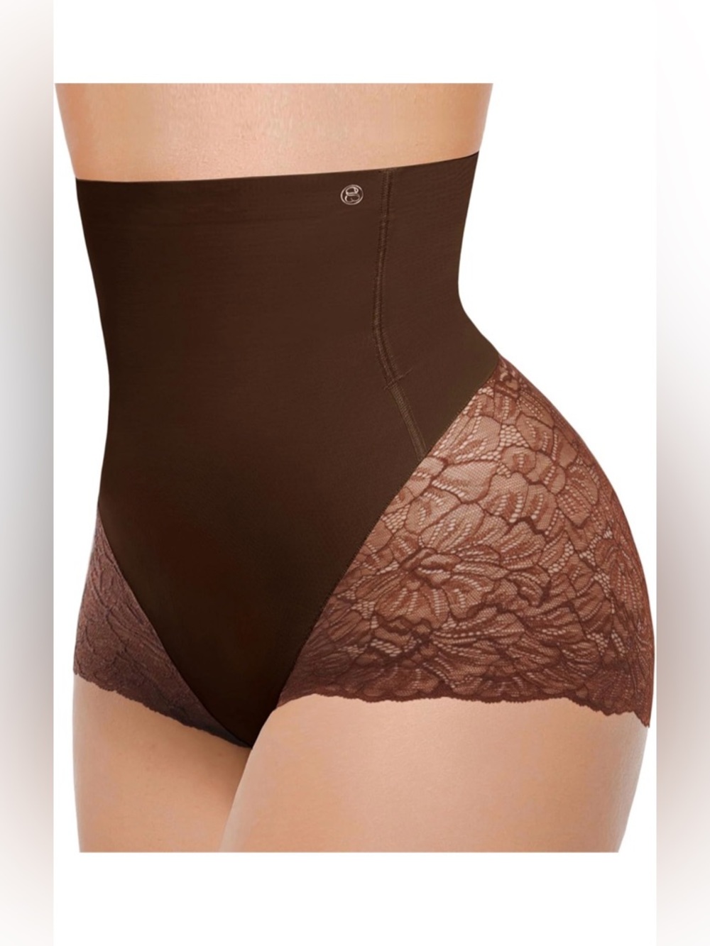 SHAPELLX High-Waist Lace Trim Waist Shaper Brief - Chocolate NWT LARGE